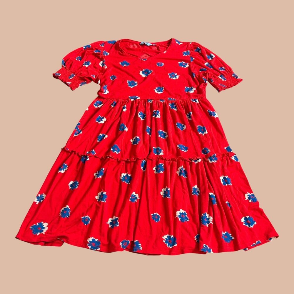 Draper James Dress Women's Size Medium red Floral Short Sleeve Tiered
